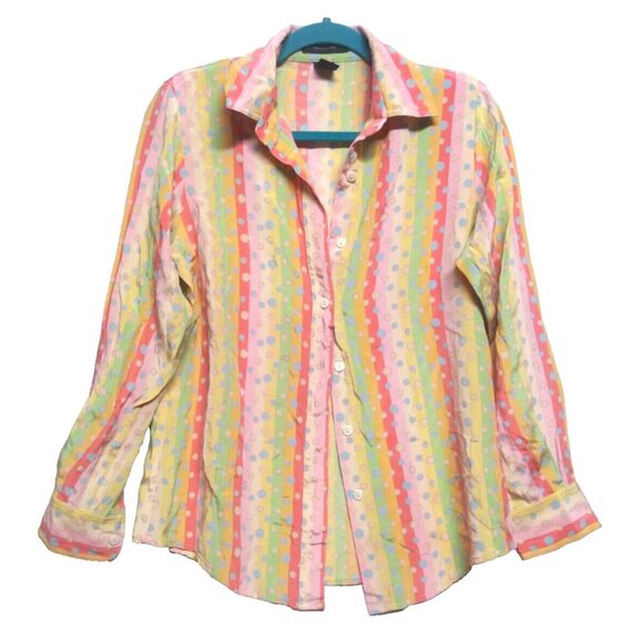 VTG Silk Blouse top Mel & Lisa Sz S Oversized multicolor stripes polka dot Flaw - Picture 1 of 9
